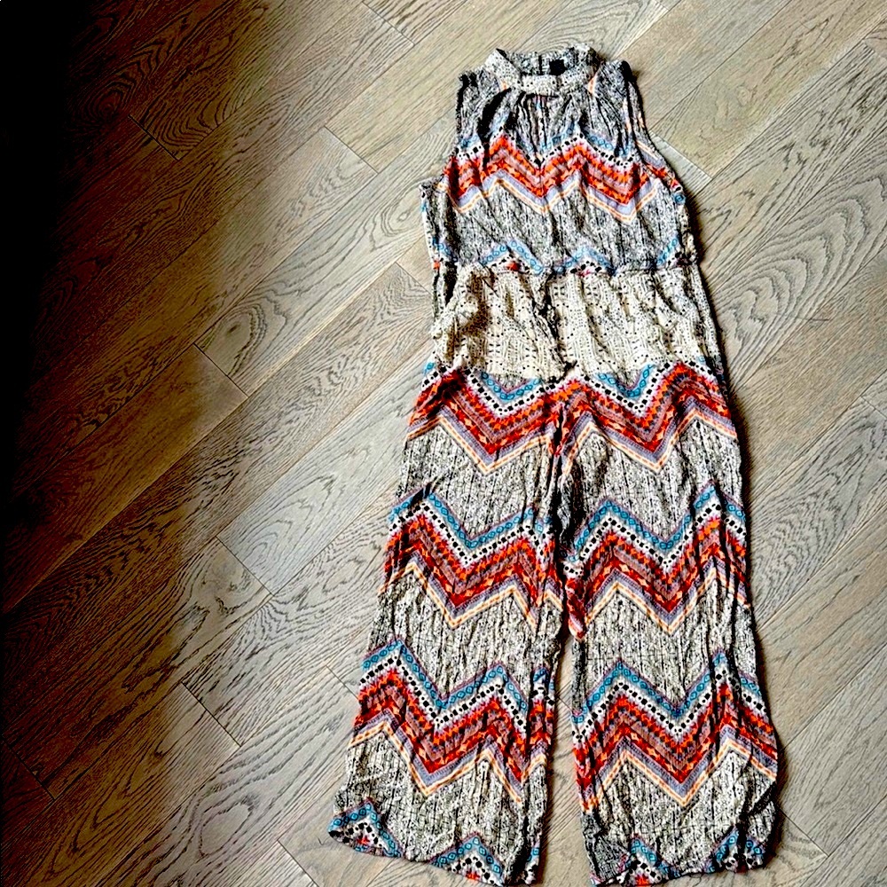 Angie Cream and Orange Jumpsuit with Chevron Pattern